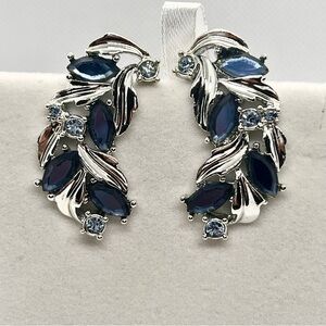 Vintage 1950s Sarah Coventry Blue‎ Champagne Leaf Rhinestones Climber Earrings